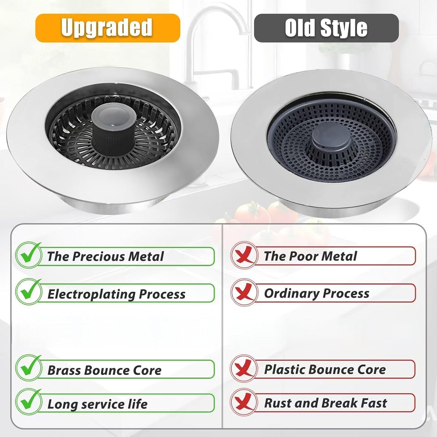 Anlige Kitchen Sink Drain Strainer, 3 in 1 Pop Up Kitchen Sink Stopper, with An Extra Basket Strainer, Universal for US Standard 3-1/2 Inch, Chrome Silver