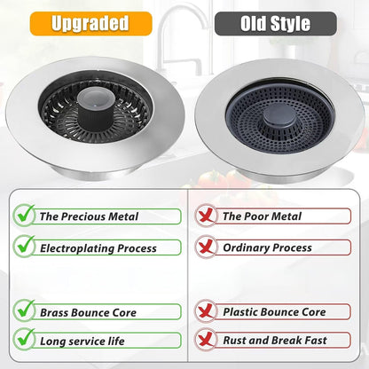 Anlige Kitchen Sink Drain Strainer, 3 in 1 Pop Up Kitchen Sink Stopper, with An Extra Basket Strainer, Universal for US Standard 3-1/2 Inch, Chrome Silver