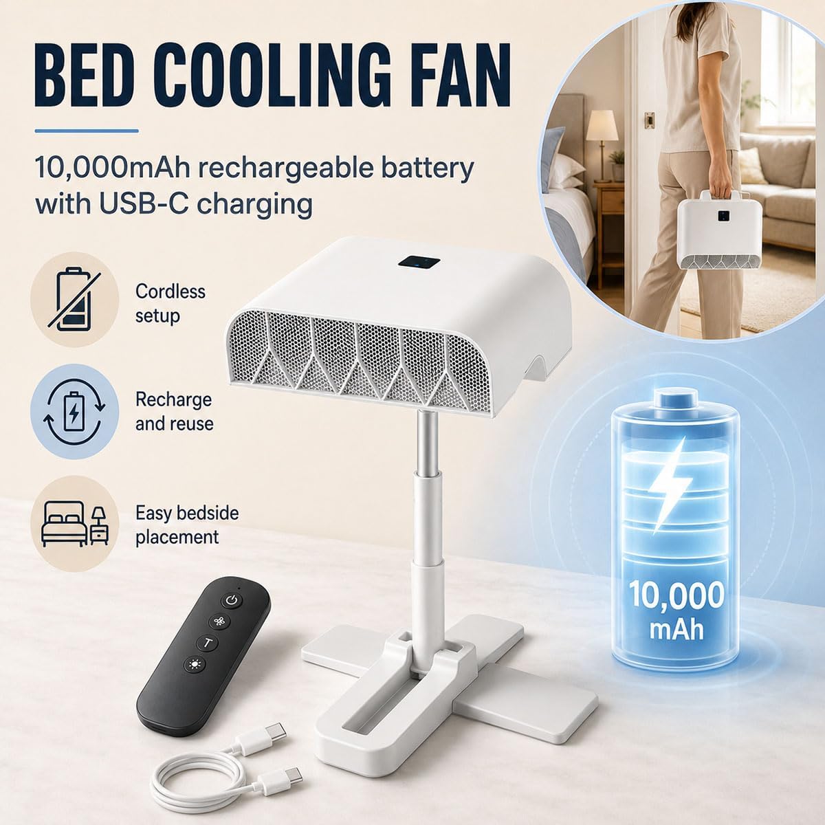Bed Fan Under Sheets, 5-Speed Cooling System Adjustable 11-24 Inches | ABS housing, touch controls and brushless motor provide 12+ hour runtime for bedrooms, dorms, offices, camping and night use