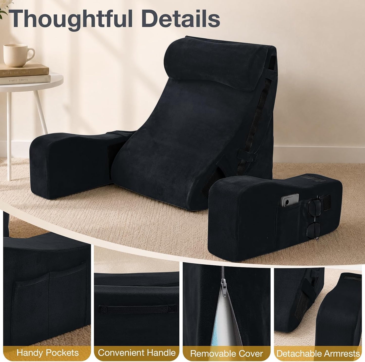 Sasttie 15-25 inch Adjustable Reading Pillow with Armrests, Dark Grey | Back Rest Pillow with Secure Side Straps, Memory Foam Back Support Cushion Bed Chair for Reading, Gaming & Relaxing