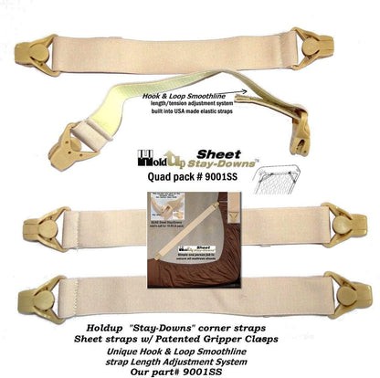 Holdup Bed Sheet Stay-Downs Short Quad USA Patented Plastic Gripper Clasps