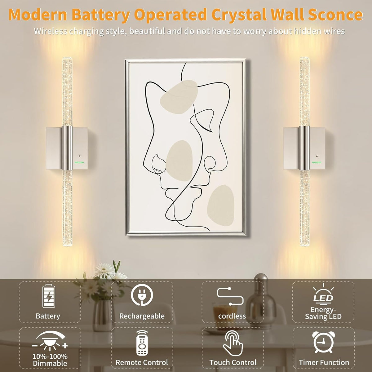 Battery Operated Sconces Set of 2, 28in Rechargeable Wireless Wall Lights