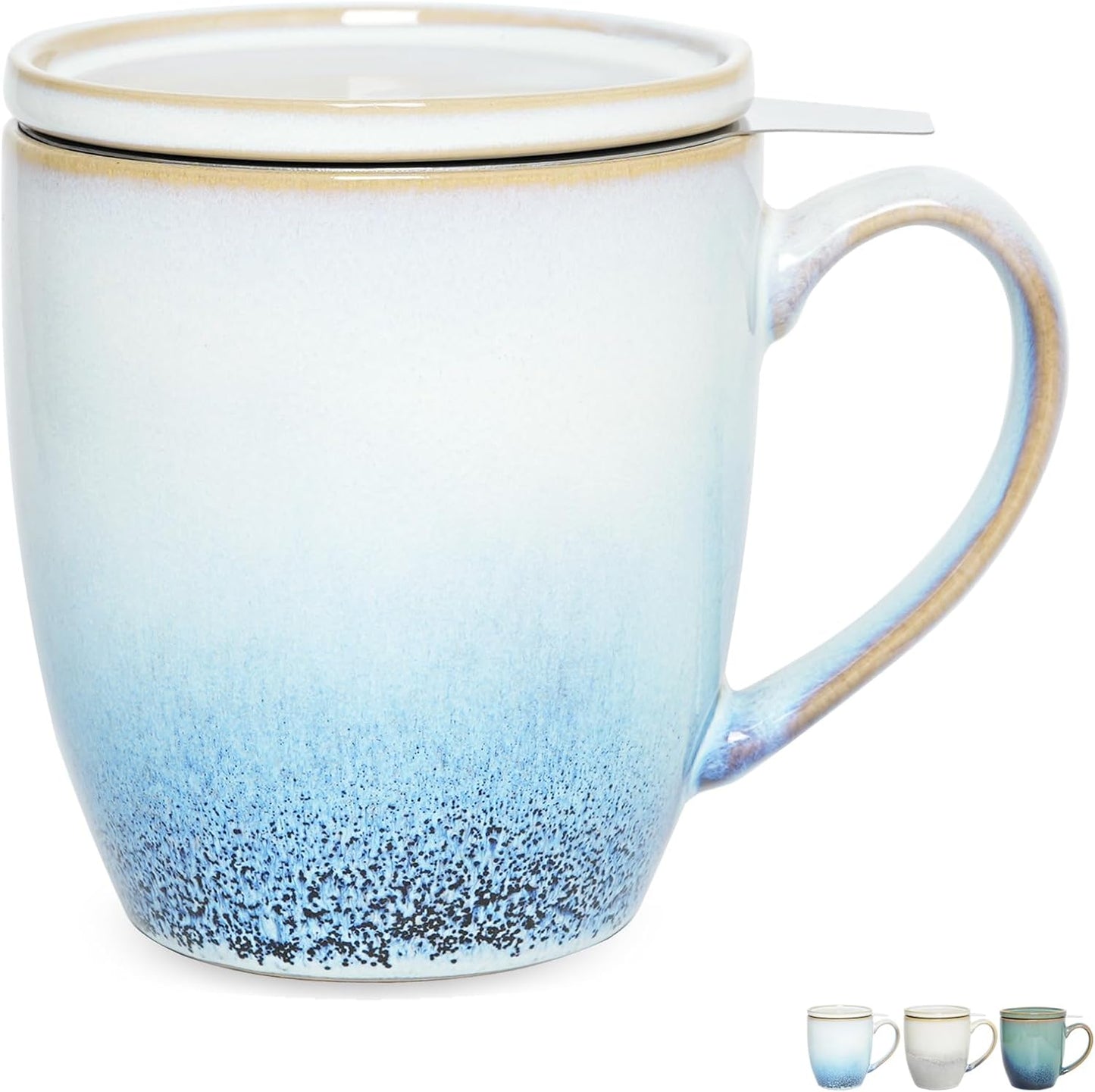 Bosmarlin Ceramic Tea Cup with Infuser and Lid, 16 Oz, Loose Leaf Tea Steeper Mug with Strainer, Microwave and Dishwasher Safe, Reactive Glaze (16 Oz, Pale Green)