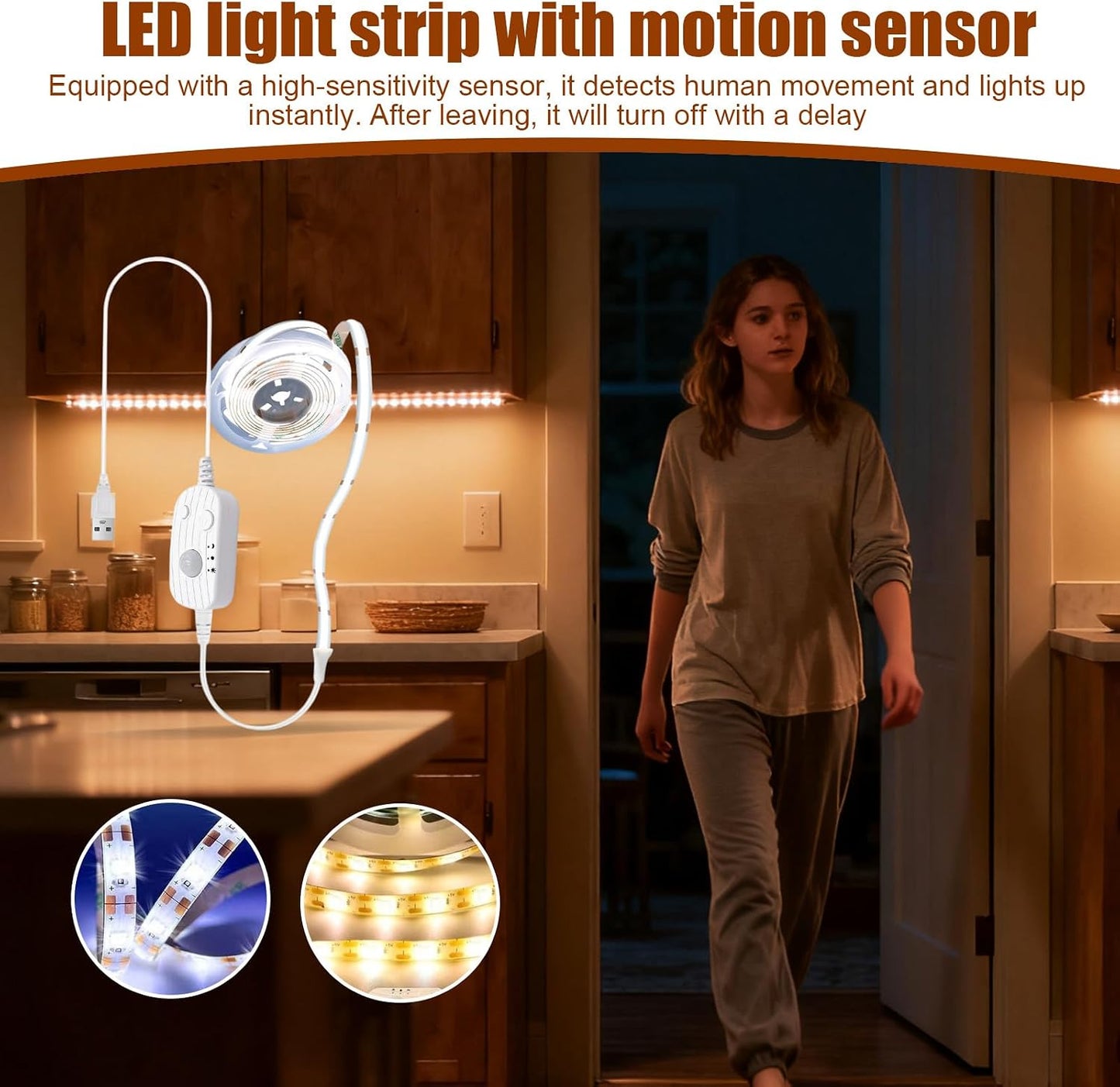 Motion Sensor Strip Light Indoor 3ft Auto Sensing USB Powered Rechargeable | Silent Indoor Wireless Stair Light Strip for Staircase Cabinet Under Bed Bedroom Bedside Dressing Table Kitchen Basemen