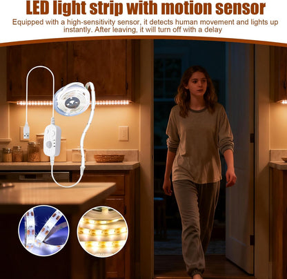 Motion Sensor Strip Light Indoor 3ft Auto Sensing USB Powered Rechargeable | Silent Indoor Wireless Stair Light Strip for Staircase Cabinet Under Bed Bedroom Bedside Dressing Table Kitchen Basemen
