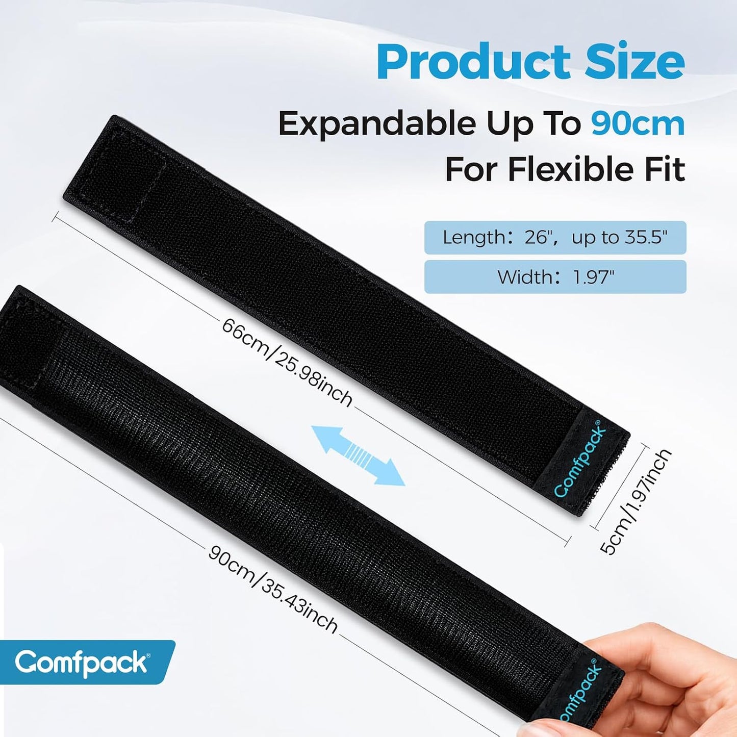 Comfpack Ice Pack Strap,Stretchable 26"x1.97" Adjustable Band - 2 Pack | Strong Velcro, Extender Belt for Secure Cold Therapy Wrap for Knee, Arm, Leg, Shoulder Pain Relief & Injury Recovery