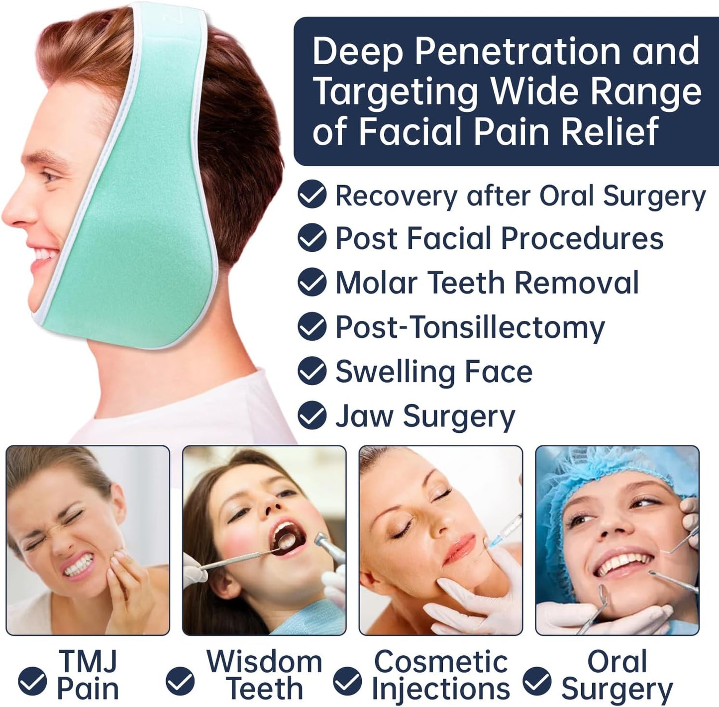 ZNÖCUETÖD Wisdom Teeth Ice Pack Face Head Wrap for Wisdom Teeth Removal Toothache Pain Relief, TMJ, Jaw Ice for Face Oral Surgery, Dental Implant with 4 Reusable Hot Cold Gel Packs (Mint Green)