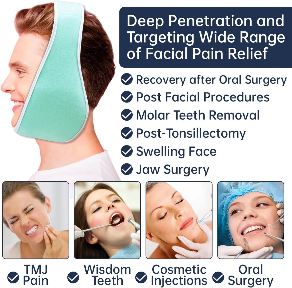 ZNÖCUETÖD Wisdom Teeth Ice Pack Face Head Wrap for Wisdom Teeth Removal Toothache Pain Relief, TMJ, Jaw Ice for Face Oral Surgery, Dental Implant with 4 Reusable Hot Cold Gel Packs (Mint Green)