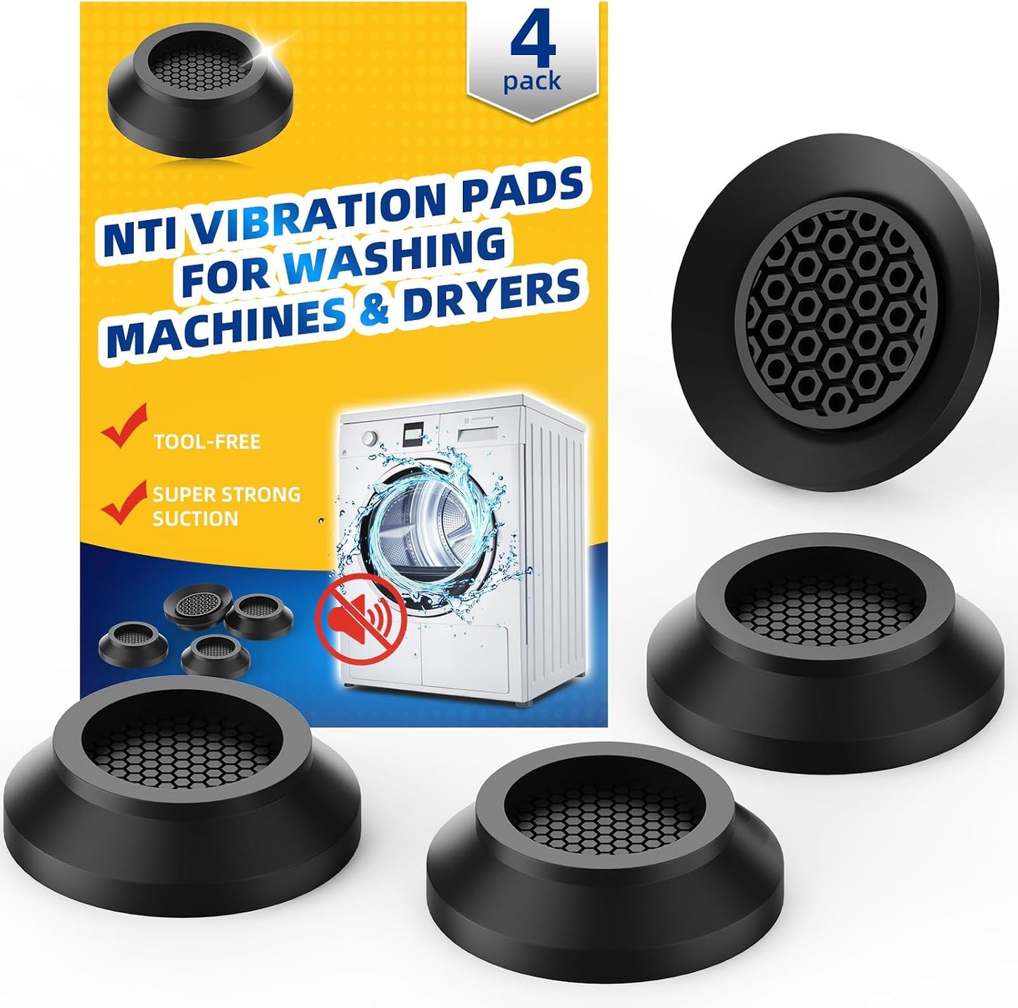 Anti Vibration Pads for Washing Machine 4 Pack, with Powerful Sucker Anti Vibration Pads Vibration Absorber,Washer and Dryer Stand, Noise Cancellation, Silicone Anti Slip Muffling Mat