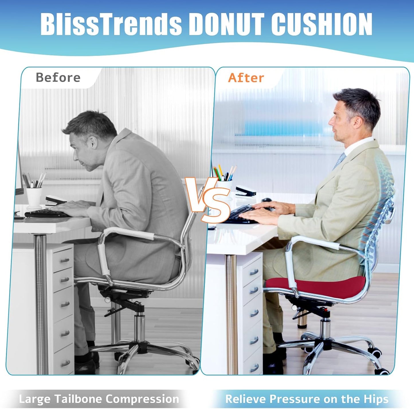BlissTrends Donut Pillow Seat Cushion, Memory Foam Lifting Cushions(Black) | Donut Chair Cushions for Postpartum Pregnancy & Hemorrhoids,Tailbone Pain Relief Cushion for Office&Home Chairs
