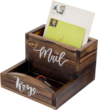 MyGift Rustic Torched Wood Mail Holder and Key Organizer Entryway Storage Tray with Cursive Mail and Keys Word Design, Office, Dorm, Classroom Desktop Organizing Bin