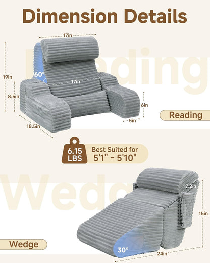 Foldable 5PCS Reading Pillow for Bed, Grey, 19”