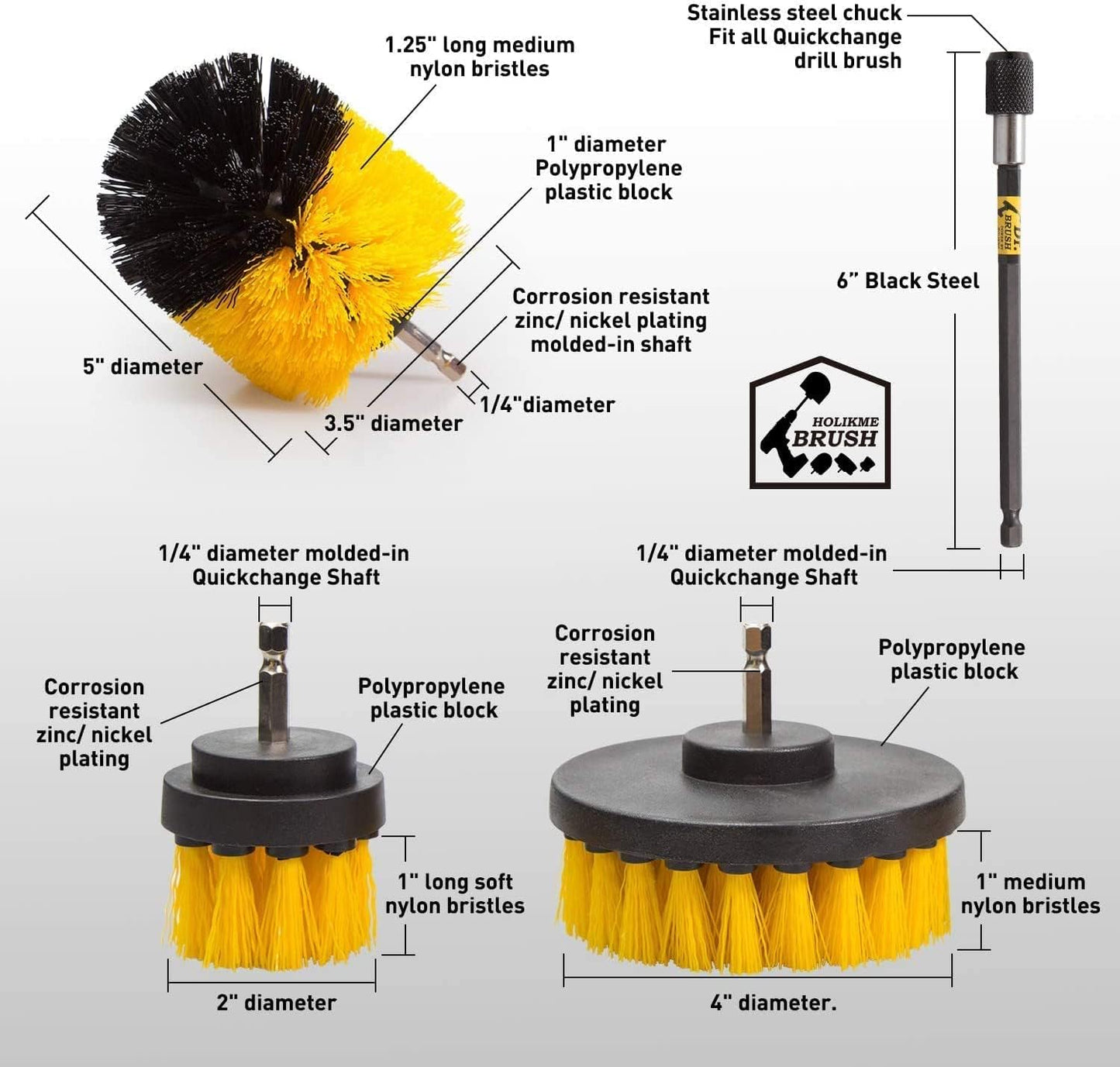 Holikme 4 Pack Drill Brush Attachments Set，Power Scrubber for Car & Home | 3 Brush Sizes,1 Extension Rod, Cleaning Supplies for Bathtub, Shower, Grout, Tile，Nylon Bristles, Yellow