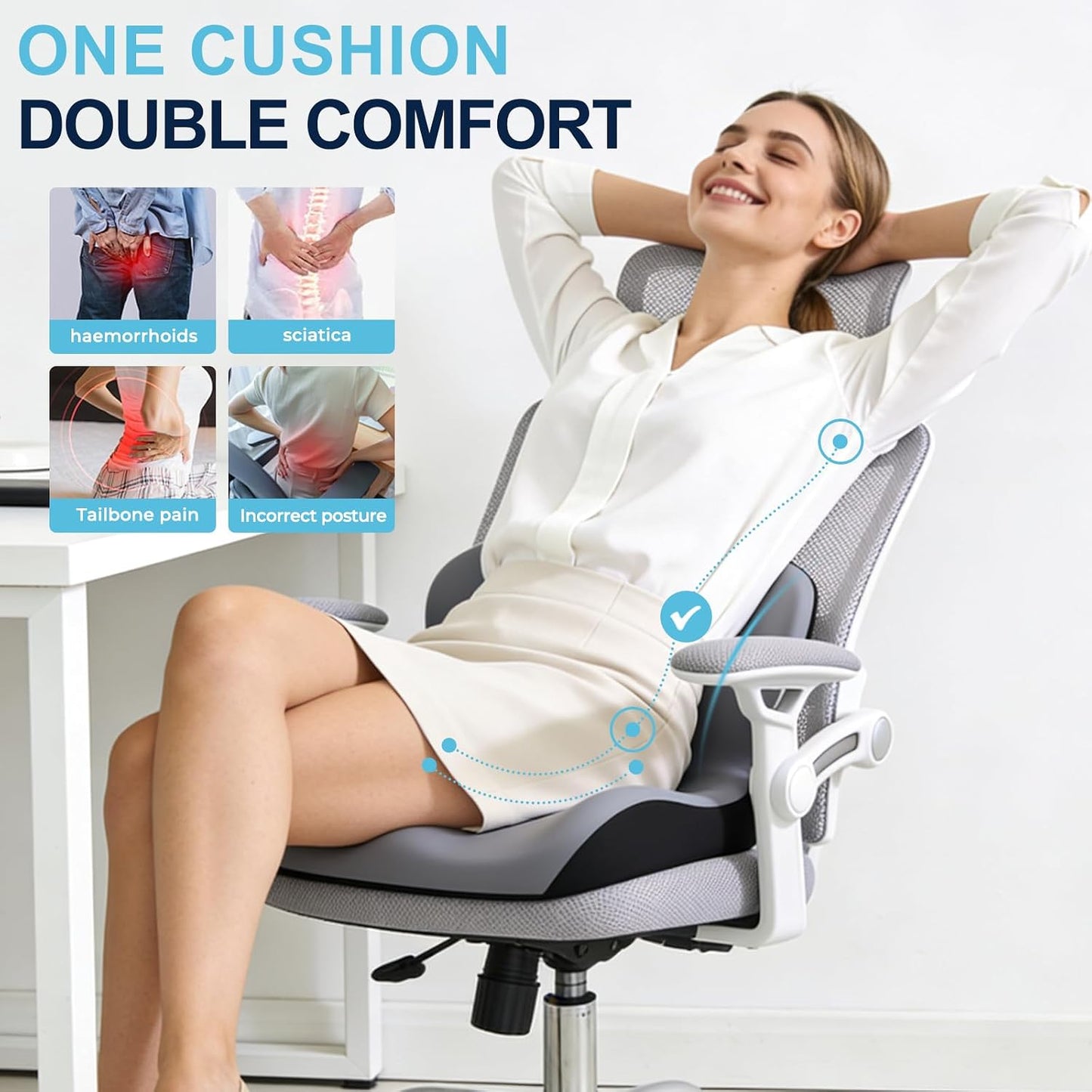 Seat Cushion for Office Chair and Car, L-Shaped Ergonomic Car Seat Cushions, Memory Foam Chair Cushion, Lumbar Support Pillow for Wheelchair, Car, Home, Office, Desk, Black