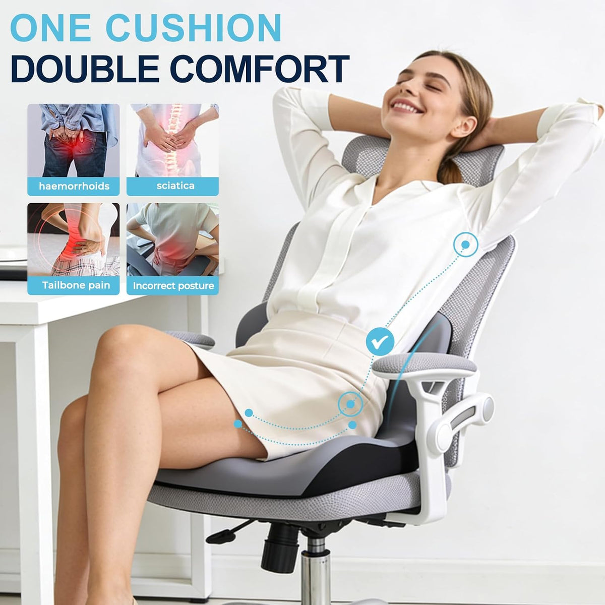 Seat Cushion for Office Chair and Car, L-Shaped Ergonomic Car Seat Cushions, Memory Foam Chair Cushion, Lumbar Support Pillow for Wheelchair, Car, Home, Office, Desk, Black