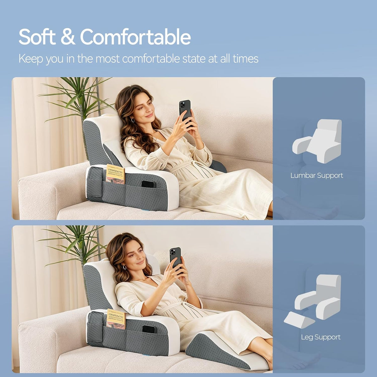 Kayfia Reading Pillow, Gel Memory Foam Back Rest Pillow, 19", Gray
