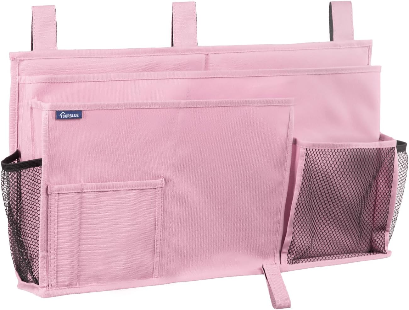 Surblue Bedside Caddy Hanging Organizer Storage Bag Pocket for Bunk, Hospital, College Dorm Rooms, Baby Bed Rails, Camp - 4 Pockets, 2 Hooks (Blue)