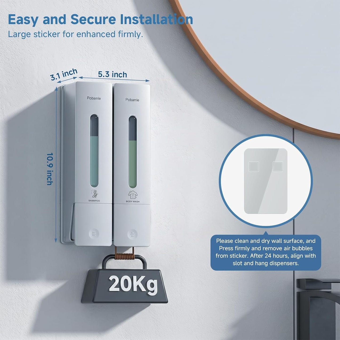 Shampoo Dispenser for Shower - Shower Soap Dispenser Wall Mounted No Drill - Shampoo Body Wash Dispenser 2 Chamber - Easy Install for Bathroom Hotel Silver 800ml