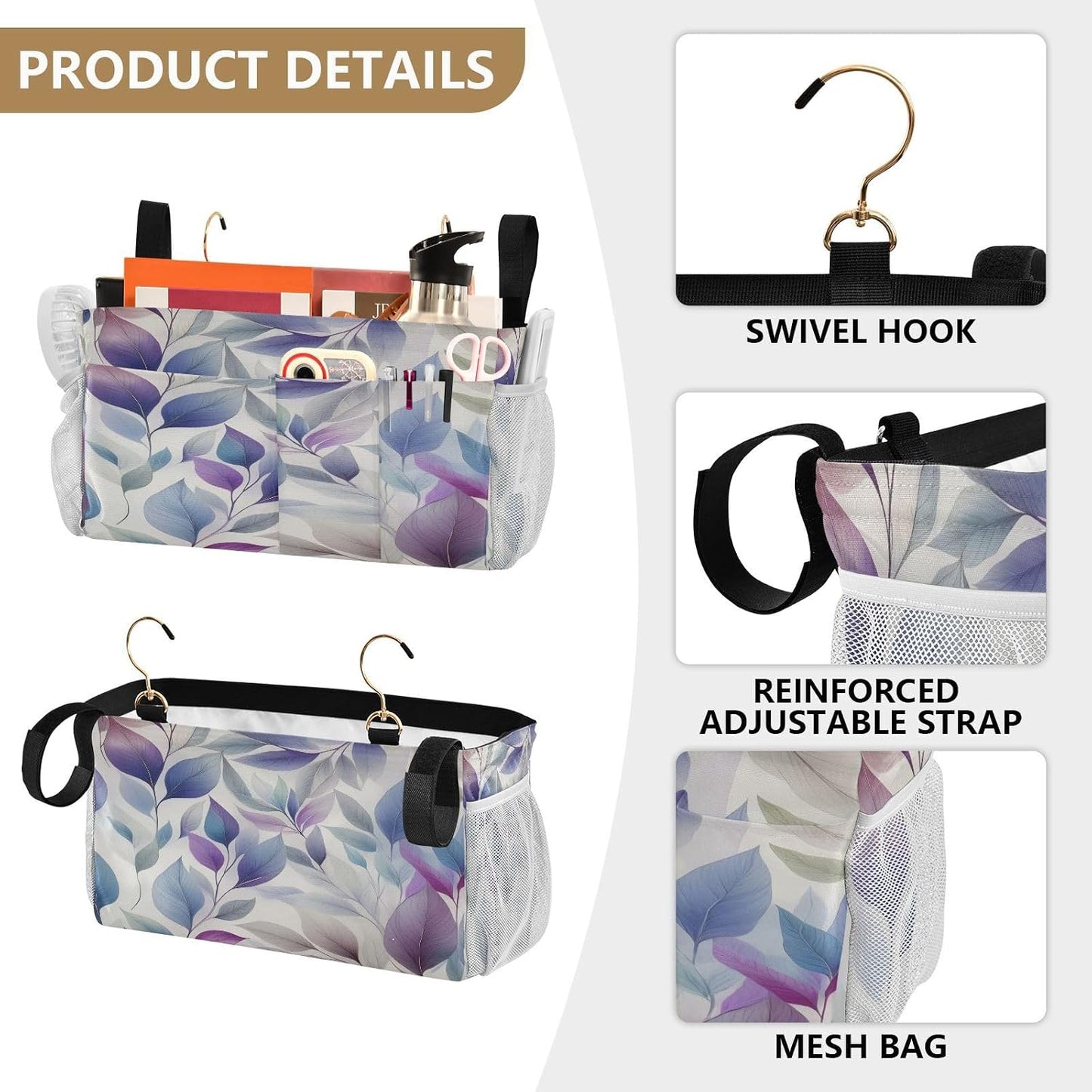 Bedside Caddy Hanging Storage Bag Dancing Leaves Bedside Organizer Caddy for Bunk, Dorm Room, Hospital Beds - Place Magazines / Remotes / Keys