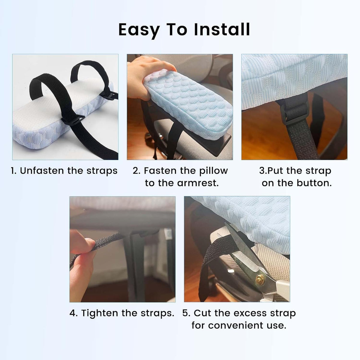 Daily Treasures 2Pcs Blue Cooling Fiber Fabric Chair Arm Rest Pads,Armrest Pads with Memory Foam and Cooling Gel Layer,Anti Slip,Adjustable Length and Removable Washable Arm Rest Pads for Office Chair
