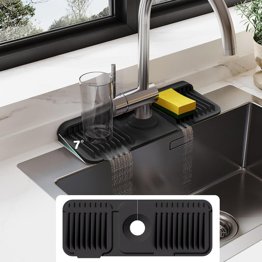 24-Inch Silicone Faucet Mat for Kitchen Sink Splash Guard, 7° Slope | 24"x5.5" water draining mat with fasten button; 1.6-2.75" customizable hole for bathroom, RV & kitchen sink drip catcher.