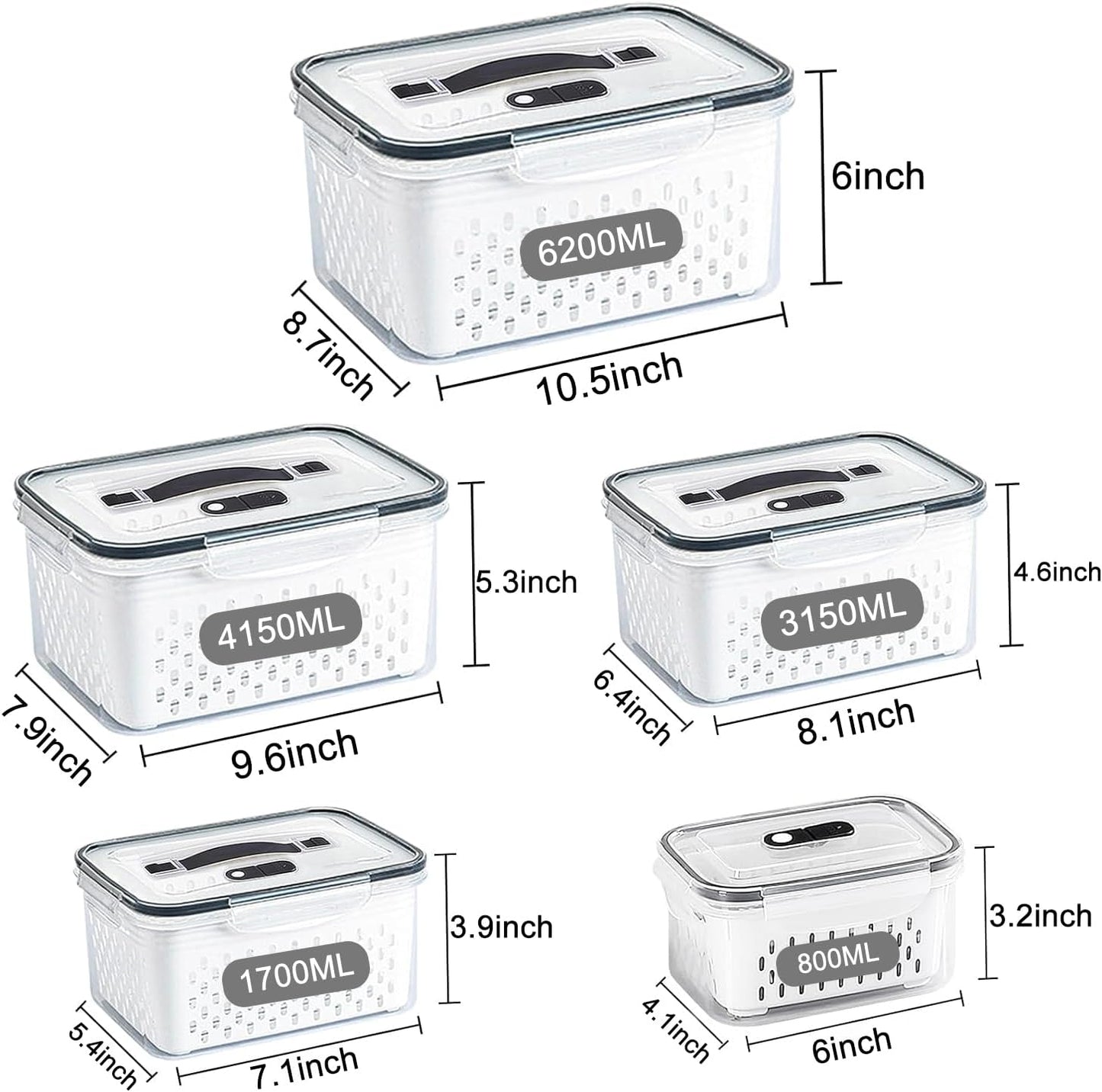 3Pack Fridge Food Storage Container Set with Lids with Strainer, Fruit Vegetable Storage Containers Keep Fruits, Vegetables, Berry, Meat Fresh longer, BPA-Free Plastic Produce Keepers