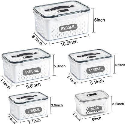 3Pack Fridge Food Storage Container Set with Lids with Strainer, Fruit Vegetable Storage Containers Keep Fruits, Vegetables, Berry, Meat Fresh longer, BPA-Free Plastic Produce Keepers