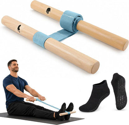 Adjustable Hamstring and Calf Stretching Tool with Beechwood Bar | Includes non-slip yoga socks and a stretch strap for yoga, Pilates, home and office mobility routines.