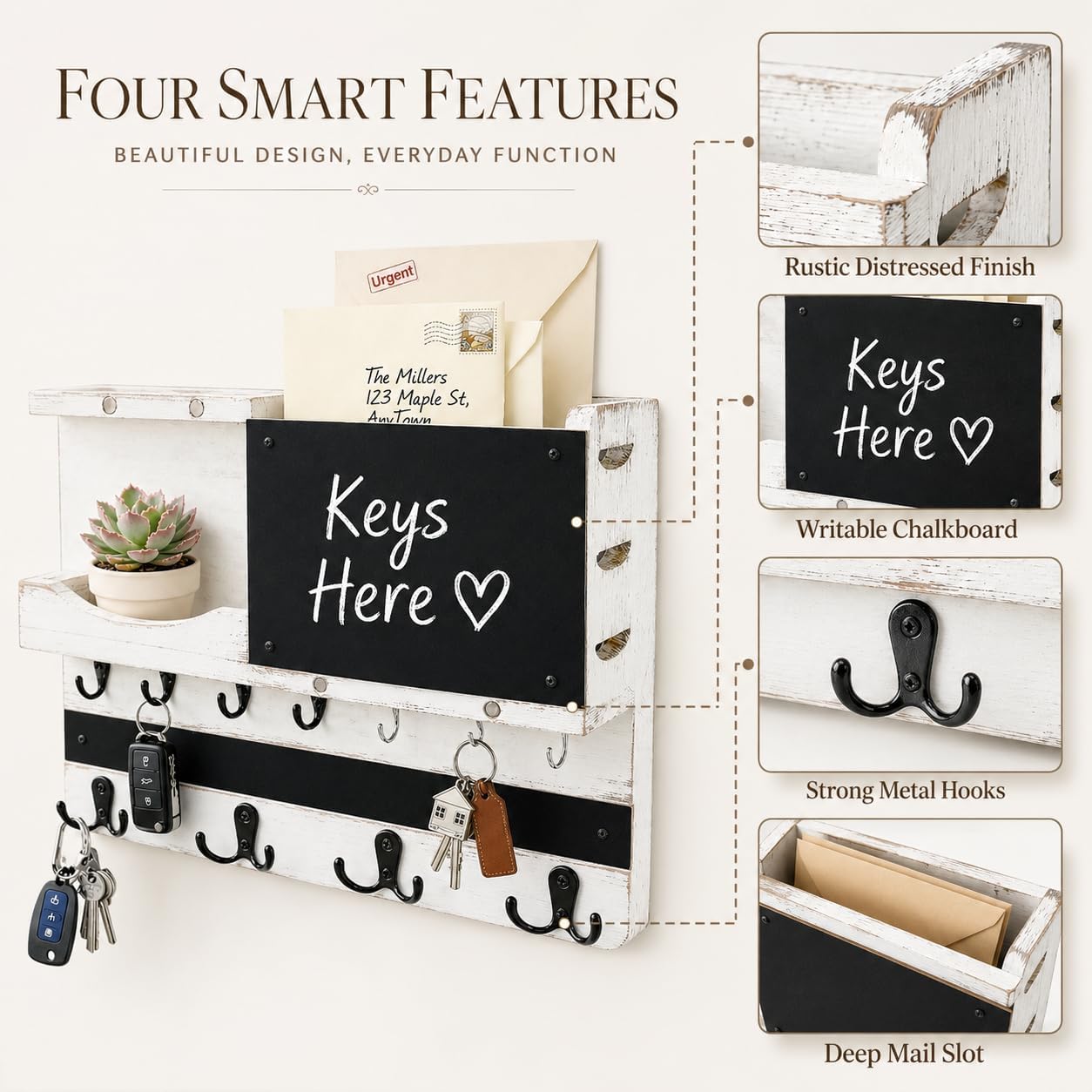 Key Holder for Wall Mount with Shelf and Mail Organizer, Key and Mail Holder with 16 Hooks, Farmhouse Entryway Organizer, Home Decor Rack (Pine Wood, White Washed)