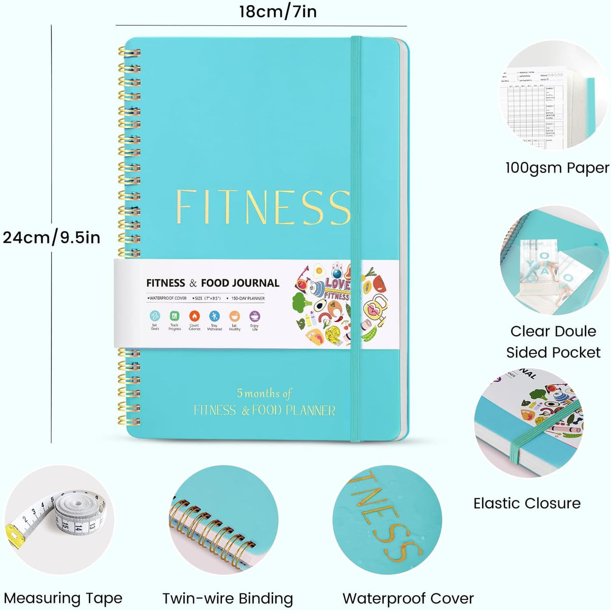 Fitness & Food Journal for Women, Undated 150-day Workout & Wellness Planner with Measuring Tape, Pink Weight Loss Journal for Setting Goals Tracking Exercise Training Diet Progress (9.5’’*7’’)