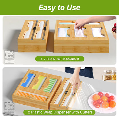 KOCWELL Bag Organizer and Plastic Wrap Dispenser with Cutter, 6 In 1 Bamboo Foil and Plastic Wrap Organizer for Kitchen Drawer, Food Storage Bag Organizer for Gallon,Quart,Sandwich,Snack(Yellow)