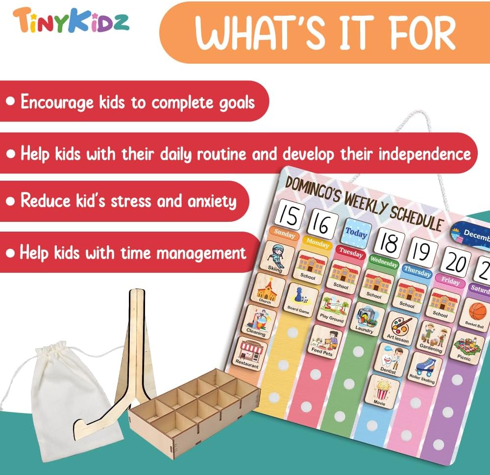 TinyKidz Wooden Daily Routine Chart 11x15, Schedule Board for Kids, Wooden Chore Chart for Kids, Responsibilities Chart for Toddlers, Morning Bedtime Routine for Toddlers
