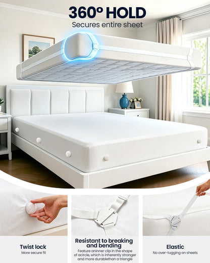 Bed Sheet Holders for Corners: 10 Clips with Side-Edge Locks (Not Just 4 Corners), One-Piece Bed Sheet Straps, No Metal & Anti-Slip, Heavy Duty Fitted Sheet Holder (Twin＆Full Style: 5-8in)