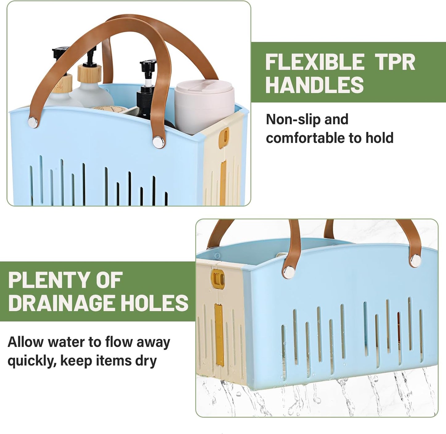 Portable Shower Caddy Collapsible Plastic Shower Basket Tote with Handles Removable Divider, Cleaning Caddy Storage Organizer for Bathroom College Dorm (White)