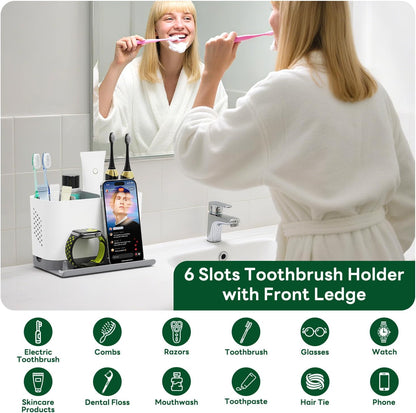 Bathroom Organizers and Storage 6 Slots Wood Grain Electric Toothbrush Holders with Phone Holder and Adjustable Dividers, Cord-Friendly Toothbrush Organizer with Drainage for Family, Kids