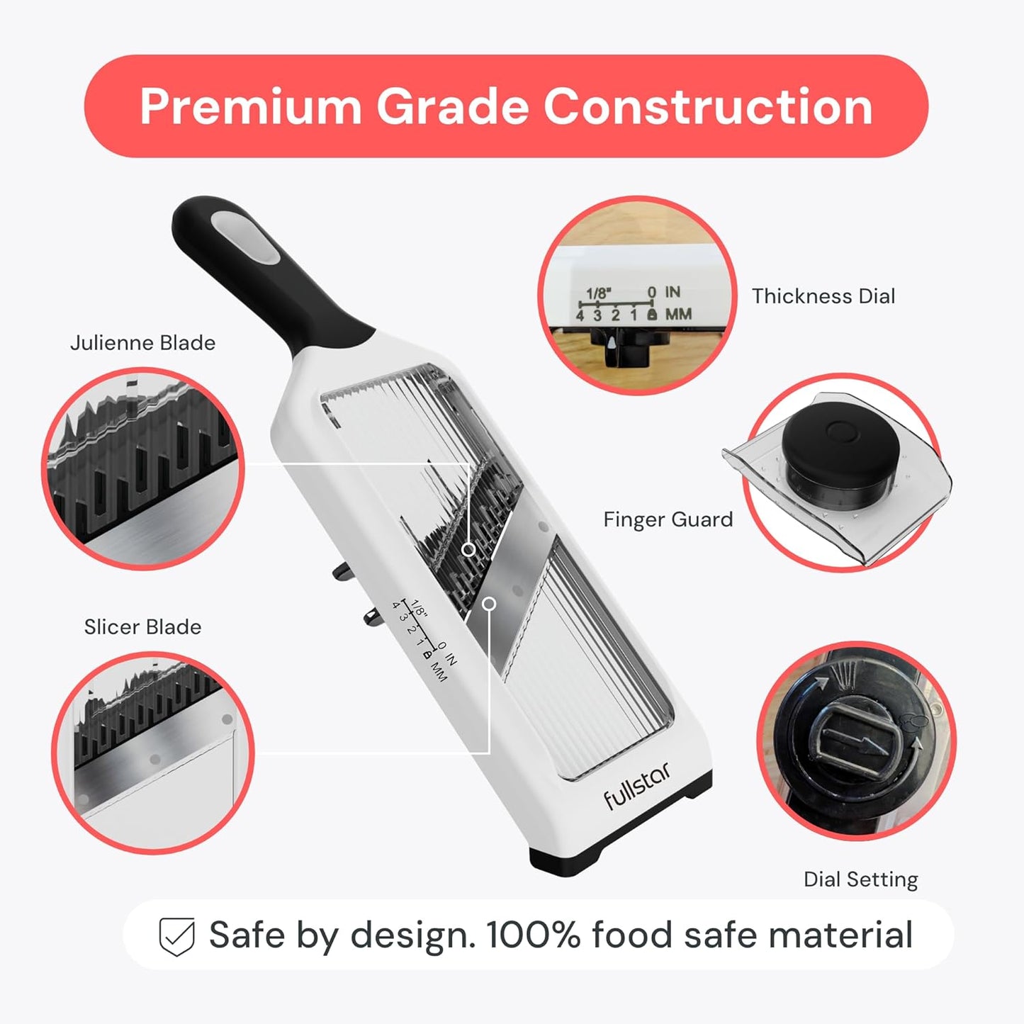 Fullstar - Handheld Mandoline Vegetable Slicer & Julienne Cutter | 2 in 1 Onion, Veggie & Fruit Slicer, 4 Thickness Settings with Stainless Steel Guard for Easy & Safer Slicing (White)