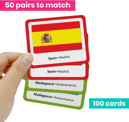 Menique Explore the World Memory Matching Game – Geography Game with 100 Photo Cards, 50 Countries, Flags & Landmarks – Travel Card Game with Educational Booklet, Ages 3+