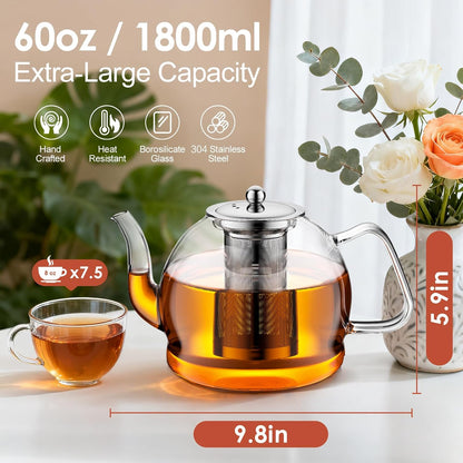 Glass Teapot, 40oz/1200ml Tea Pot with Removable Infuser for Loose Tea | Stovetop Safe Borosilicate Glass Tea Kettle with Strainer and Lid, Hand Crafted Clear Teapot with Scale Line,Tea Brewer Guide