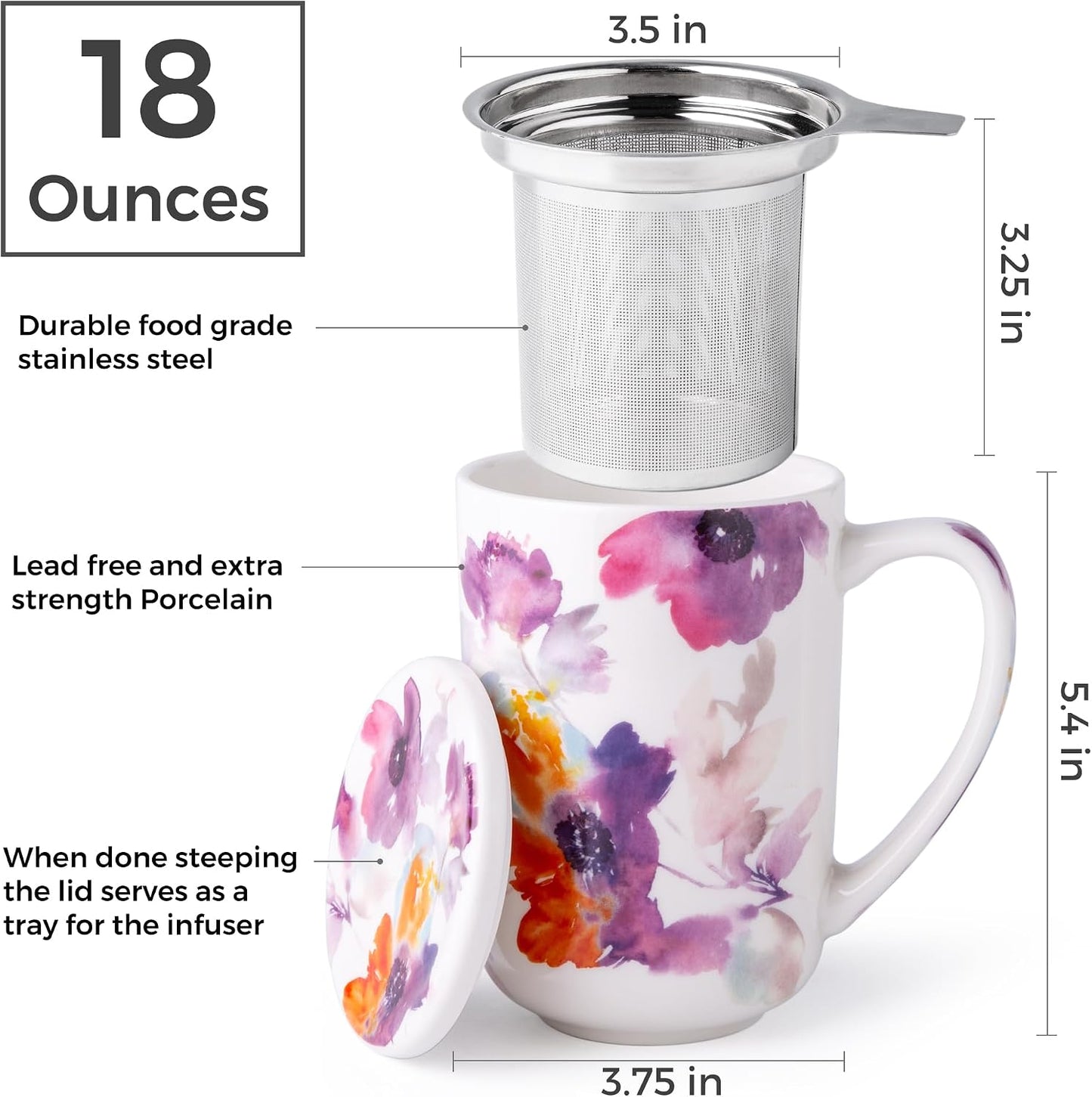 AmorArc Tea Cup With Infuser and Lid, 18oz Loose Leaf Tea Mug With Steeper | Porcelain Tea Mug With Infuser and Lid, Large Strainer Tea Cup with Lid for Tea, Coffee Mug for House-warming Birthday Gift