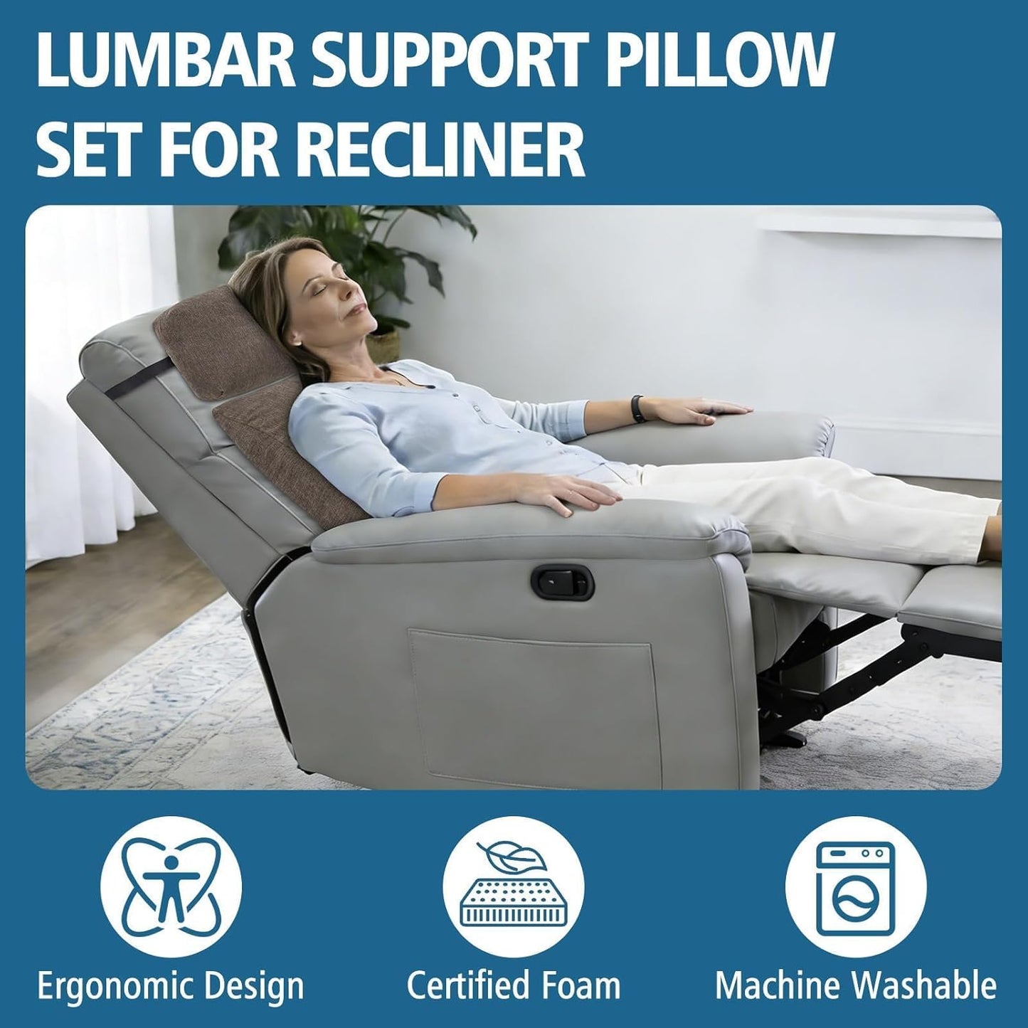Back Support Pillow for Recliner Soft Dual Layer Lumbar Support Pillow with Shredded Memory Foam Ergonomic Orthopedic Couch Lumbar Cushions for Elderly Lower Back Pain Relief Dark Grey