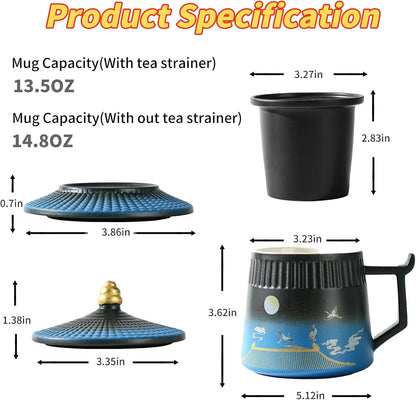 Loose Leaf Tea Cup with Infuser and Lid, 14.8oz Chinese Ceramic Mug with Fine Mesh Strainer, Office Steeping Cup for Tea Lovers Gifts