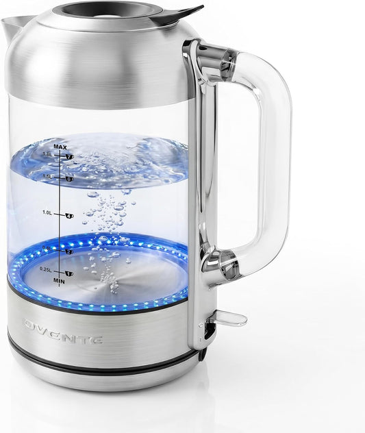 OVENTE 1.7L Double Wall Glass Electric Kettle Water Boiler, Silver KG912S | 1500W Fast Boiling, Easy Fill Lid, Borosilicate Glass, Cool-Touch Design, Blue LED, Auto Shut-Off, Boil-Dry Protection