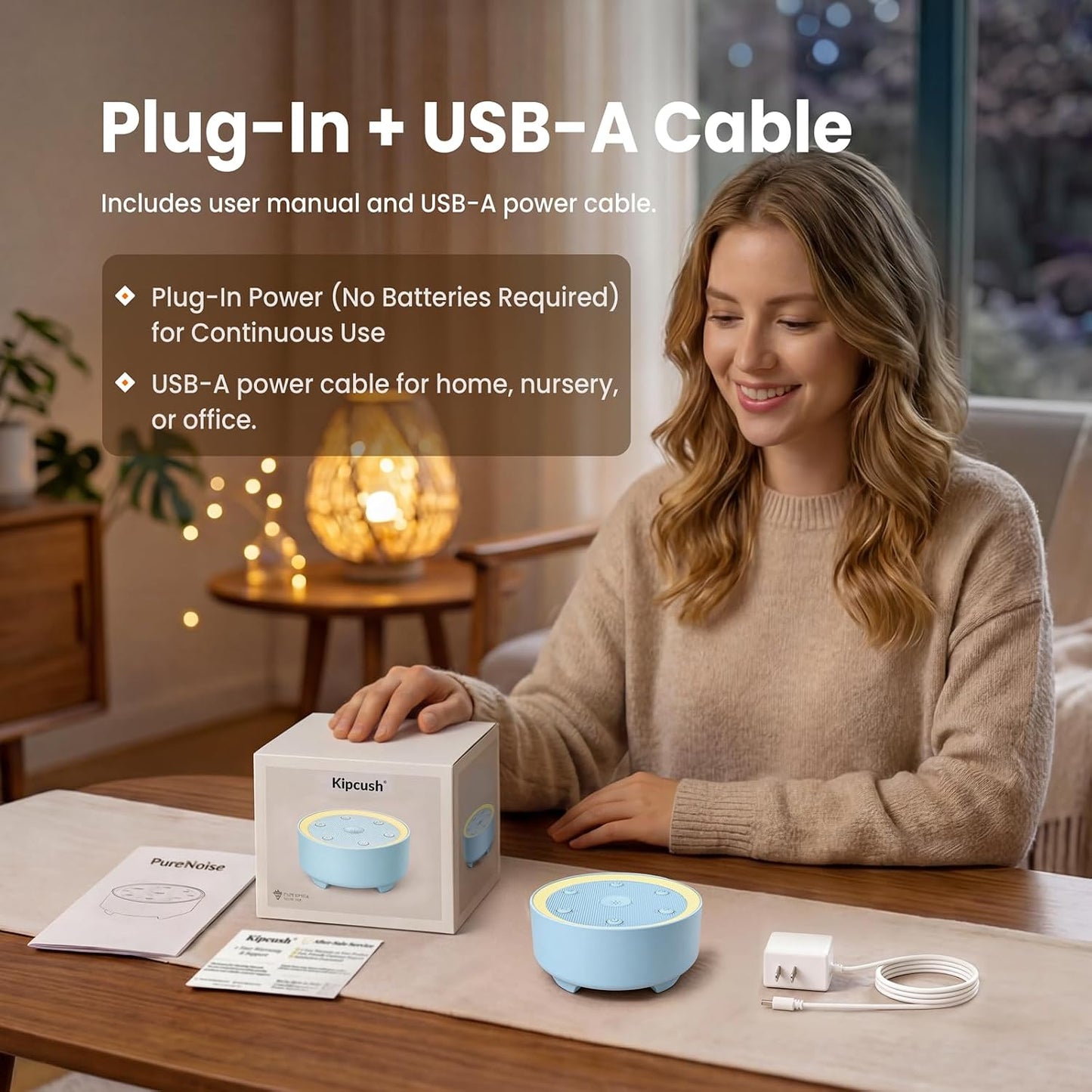 Kipcush White Noise Machine for Sleeping, Baby & Adults, High-Fidelity Non-Looping Sounds, Sleep Sound Machine with Dimmable Night Light, USB Powered, Memory Function, Home, Nursery & Travel