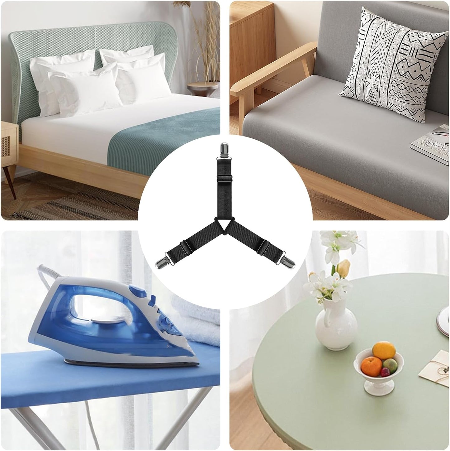 FeelAtHome Adjustable Bed Sheet Clips & Corner Fasteners, 4 Pack, White | Heavy Duty Elastic Straps Keep Fitted Sheets Securely in Place. Ideal Corner Holders for Twin, Queen, King, RV & Bunk Beds