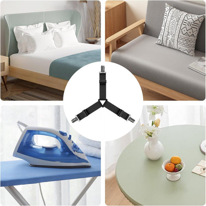 FeelAtHome Adjustable Bed Sheet Clips & Corner Fasteners, 4 Pack, White | Heavy Duty Elastic Straps Keep Fitted Sheets Securely in Place. Ideal Corner Holders for Twin, Queen, King, RV & Bunk Beds