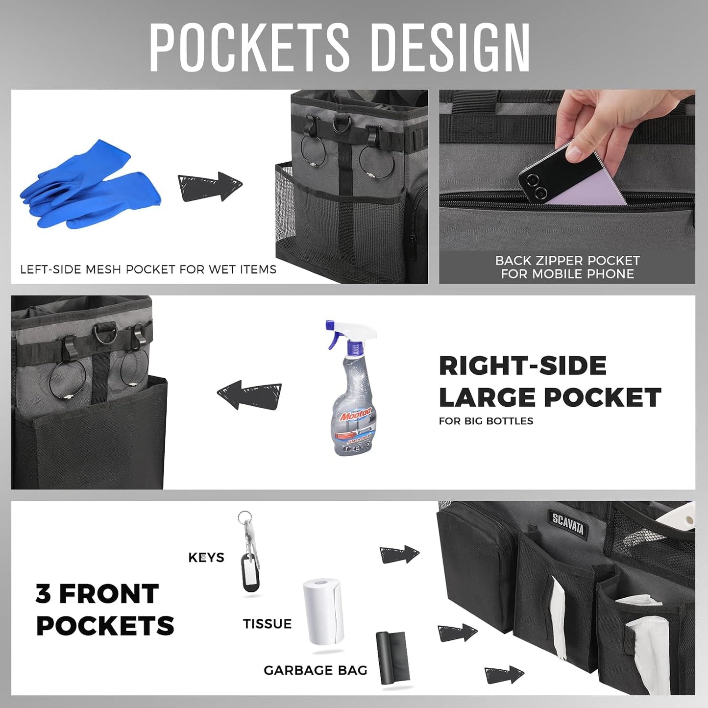 SCAVATA Wearable Cleaning Caddy Bag, Cleaning Caddy Supplies Organizer with Handle & Shoulder Straps for Housekeepers, Under Sink & Car Cleaning Tool Organizers with 4 Foldable Divider (Lake Blue)