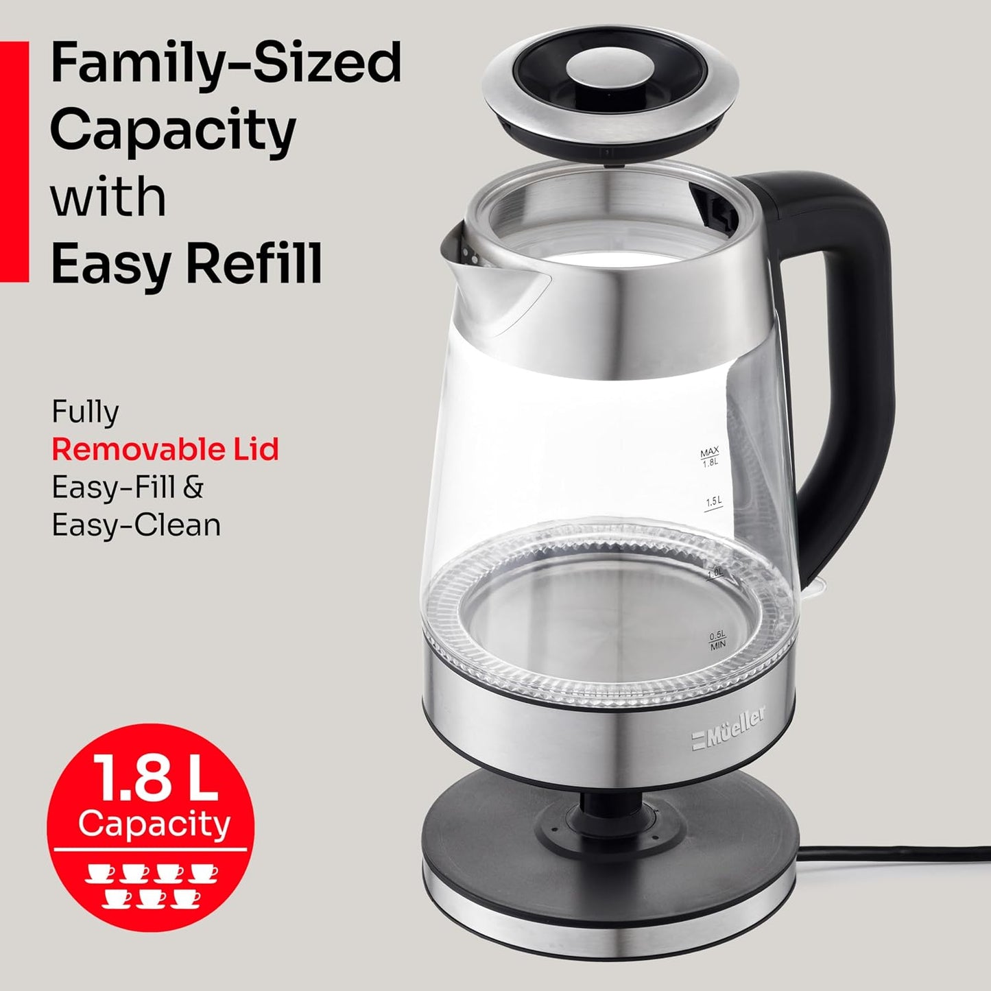 MUELLER HOME Rapid Boil Electric Tea Kettle 1.8L, BPA-Free Hot Water Boiler | Borosilicate Glass & Stainless Steel, LED Light, Auto Shut-Off, Boil Dry Protection Fast Water Heater, Kitchen Appliances