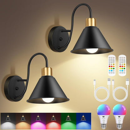 Frideko Rechargeable Wall Sconces Set of Two with Remote, RGB 15 Colors Dimmable Battery Operated Wall Lights for Living Room Bedroom, Indoor Black Wall Lamp with Timer Wireless