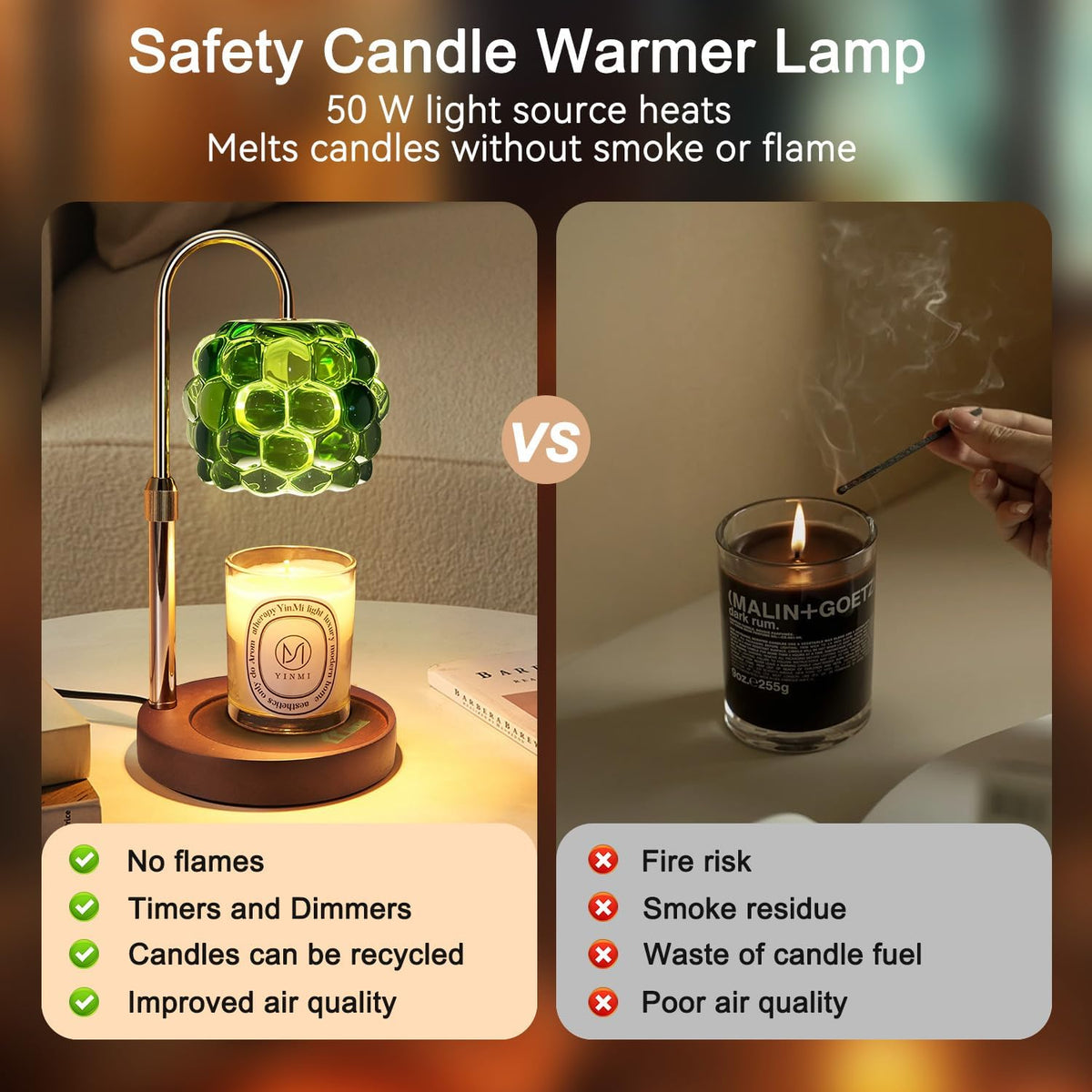 Candle Warmer Lamp with Timer Adjustable - Height Candle Warmer, Dimmer, Black Glass Wax Melting Lamps for Home Decor, for Candles in Jars with 2 Bulbs