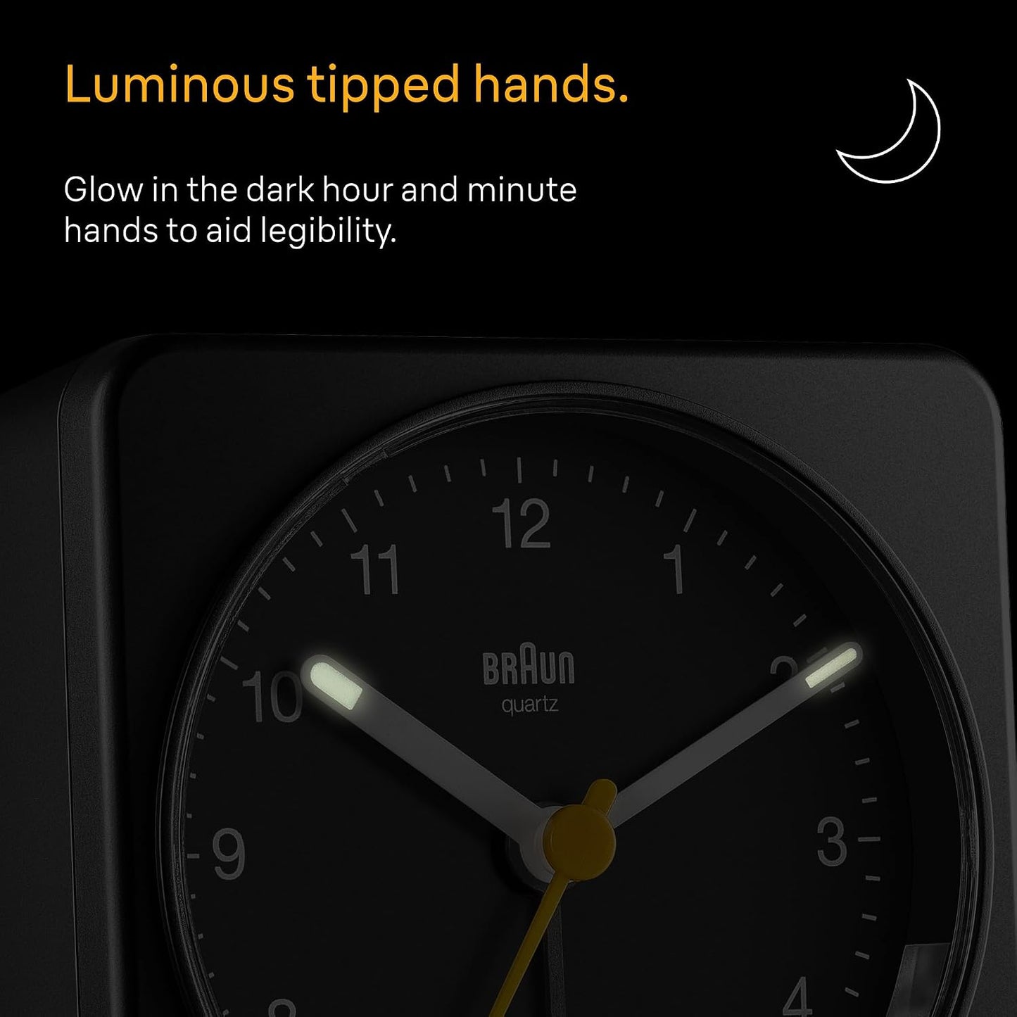 Braun Classic Analogue Alarm Clock with Snooze and Light, Quiet Quartz Sweeping Movement, Crescendo Beep Alarm in Black, Model BC03B.